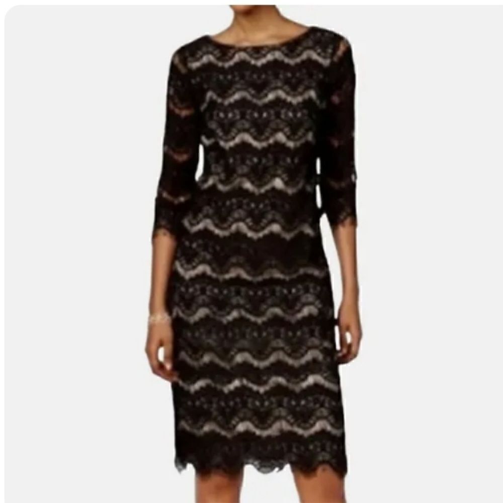 Jessica Howard Women’s Size 16 Shift Dress Black Lace Overlay Long Sleeve Lined